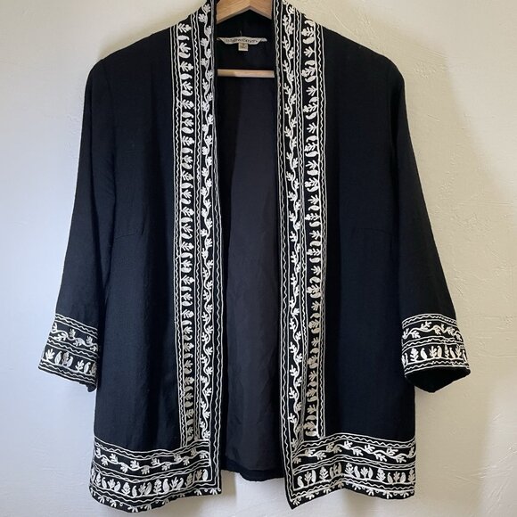 TravelSmith Wool Jacket Womens Black Embroidered Hidden Pockets Lagenlook Boho M - Picture 1 of 14